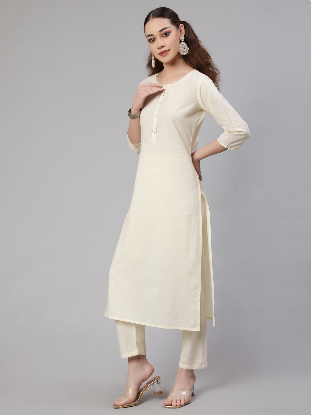 Cream Straight Solid Kurta With Trouser And Art Silk Dupatta