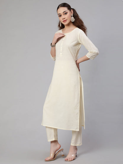 Cream Straight Solid Kurta With Trouser And Art Silk Dupatta