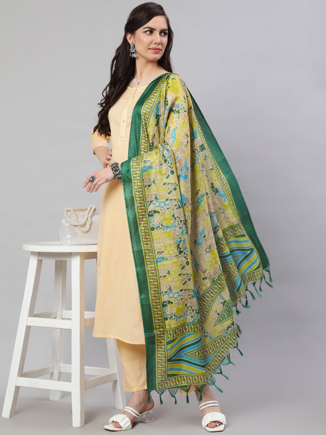 Cream Straight Solid Kurta With Trouser And Art Silk Dupatta