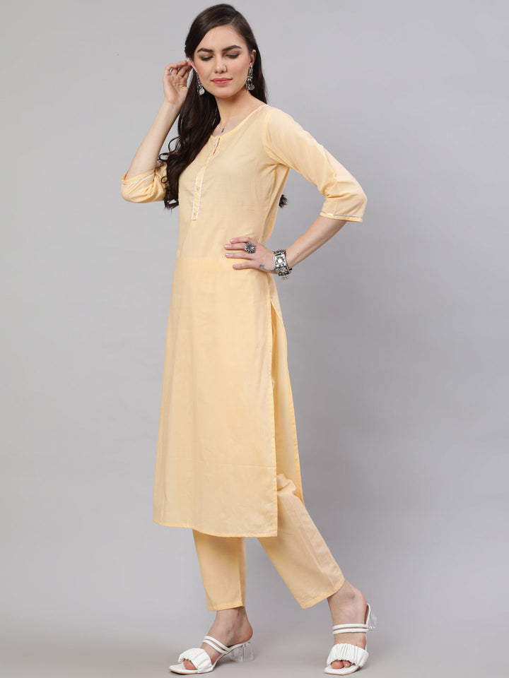 Cream Straight Solid Kurta With Trouser And Art Silk Dupatta