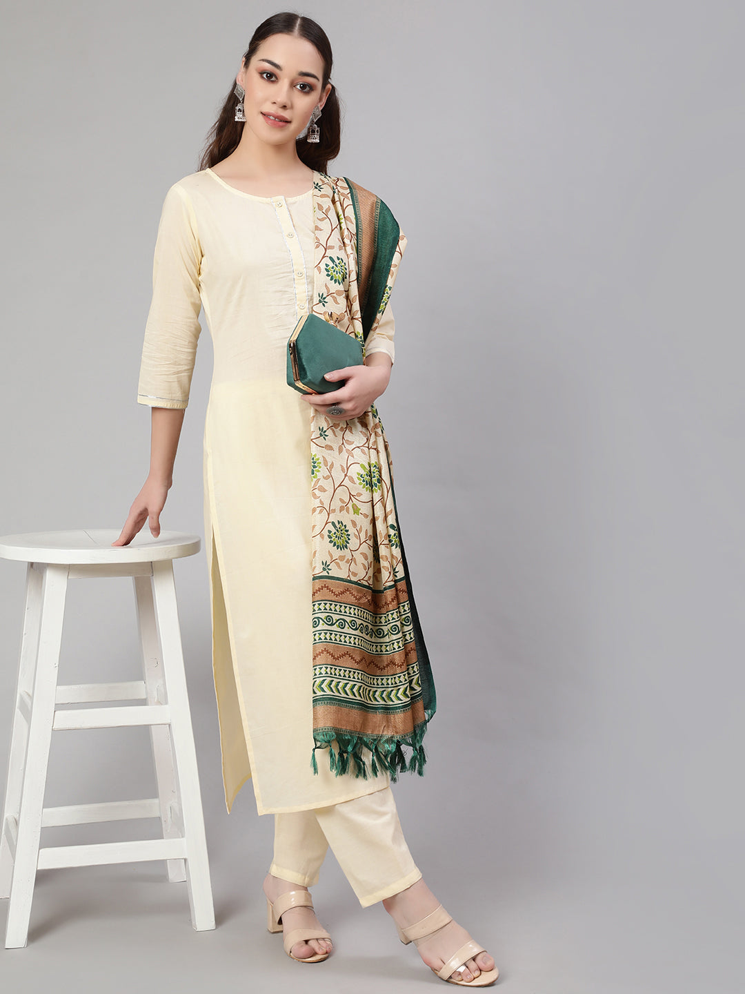 Cream Straight Solid Kurta With Trouser And Art Silk Dupatta