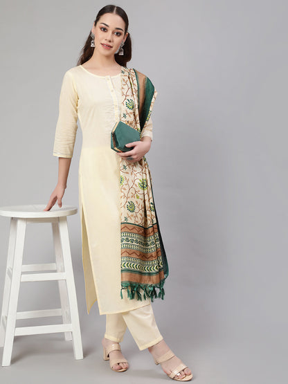 Cream Straight Solid Kurta With Trouser And Art Silk Dupatta