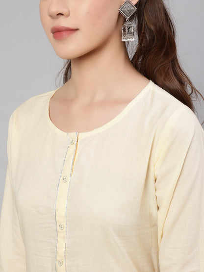 Cream Straight Solid Kurta With Trouser And Art Silk Dupatta