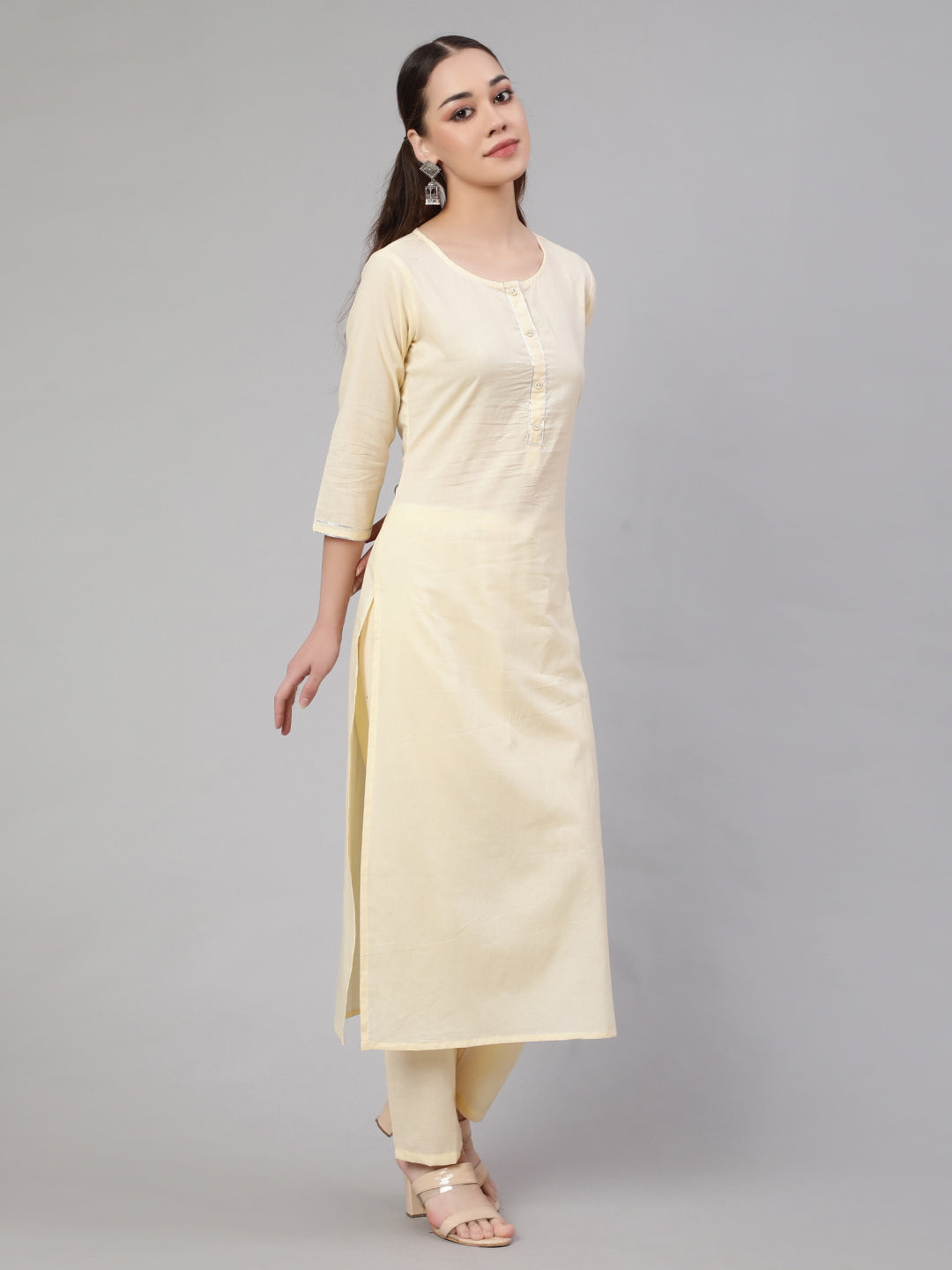 Cream Straight Solid Kurta With Trouser And Art Silk Dupatta