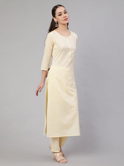 Cream Straight Solid Kurta With Trouser And Art Silk Dupatta