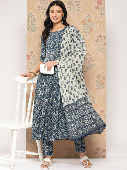 Blue Ethnic Printed Anarkali Kurta With Trouser And Dupatta