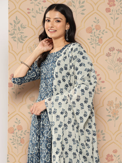Blue Ethnic Printed Anarkali Kurta With Trouser And Dupatta