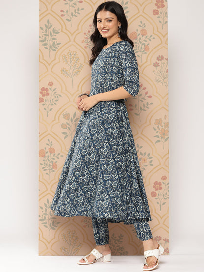 Blue Ethnic Printed Anarkali Kurta With Trouser And Dupatta
