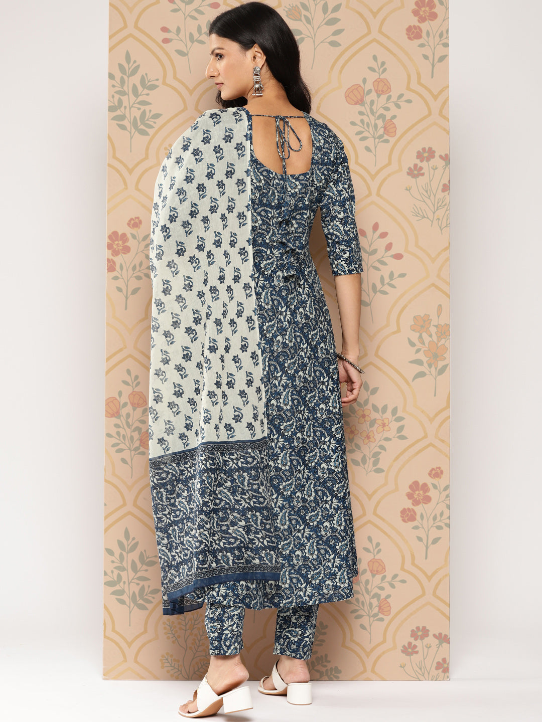 Blue Ethnic Printed Anarkali Kurta With Trouser And Dupatta