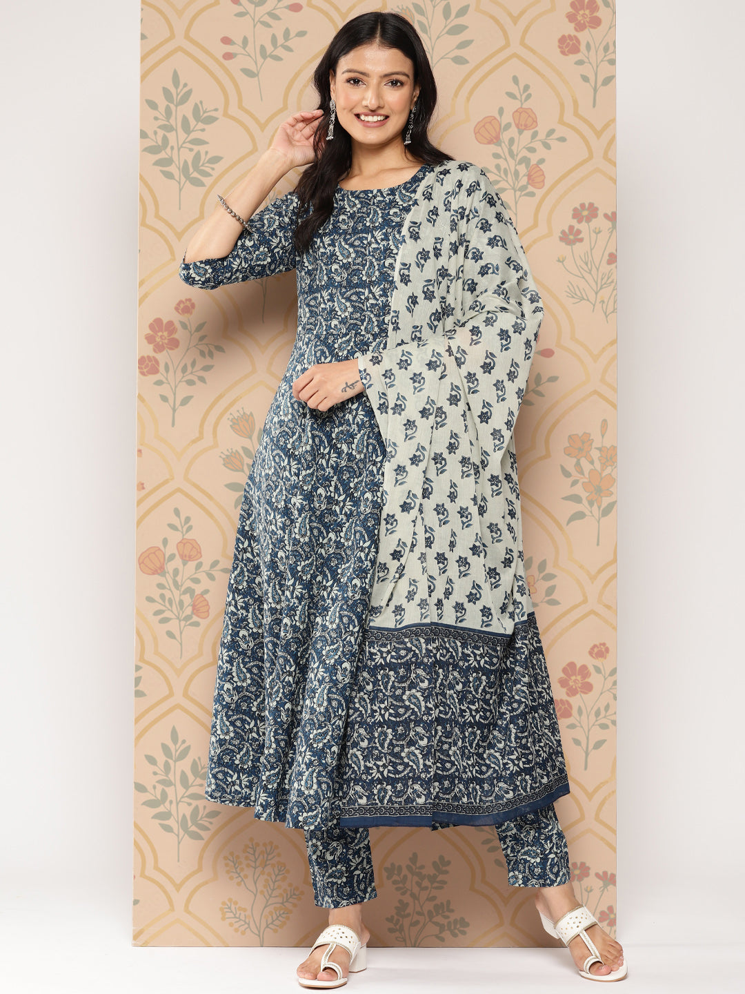 Blue Ethnic Printed Anarkali Kurta With Trouser And Dupatta