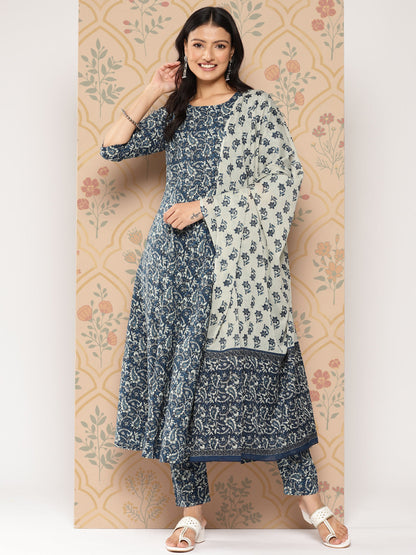Blue Ethnic Printed Anarkali Kurta With Trouser And Dupatta