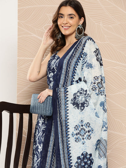 Blue Paisley Printed Straight Kurta With Trouser And Dupatta