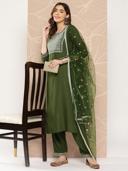 Green Embroidered Straight Kurta With Palazzo And Dupatta