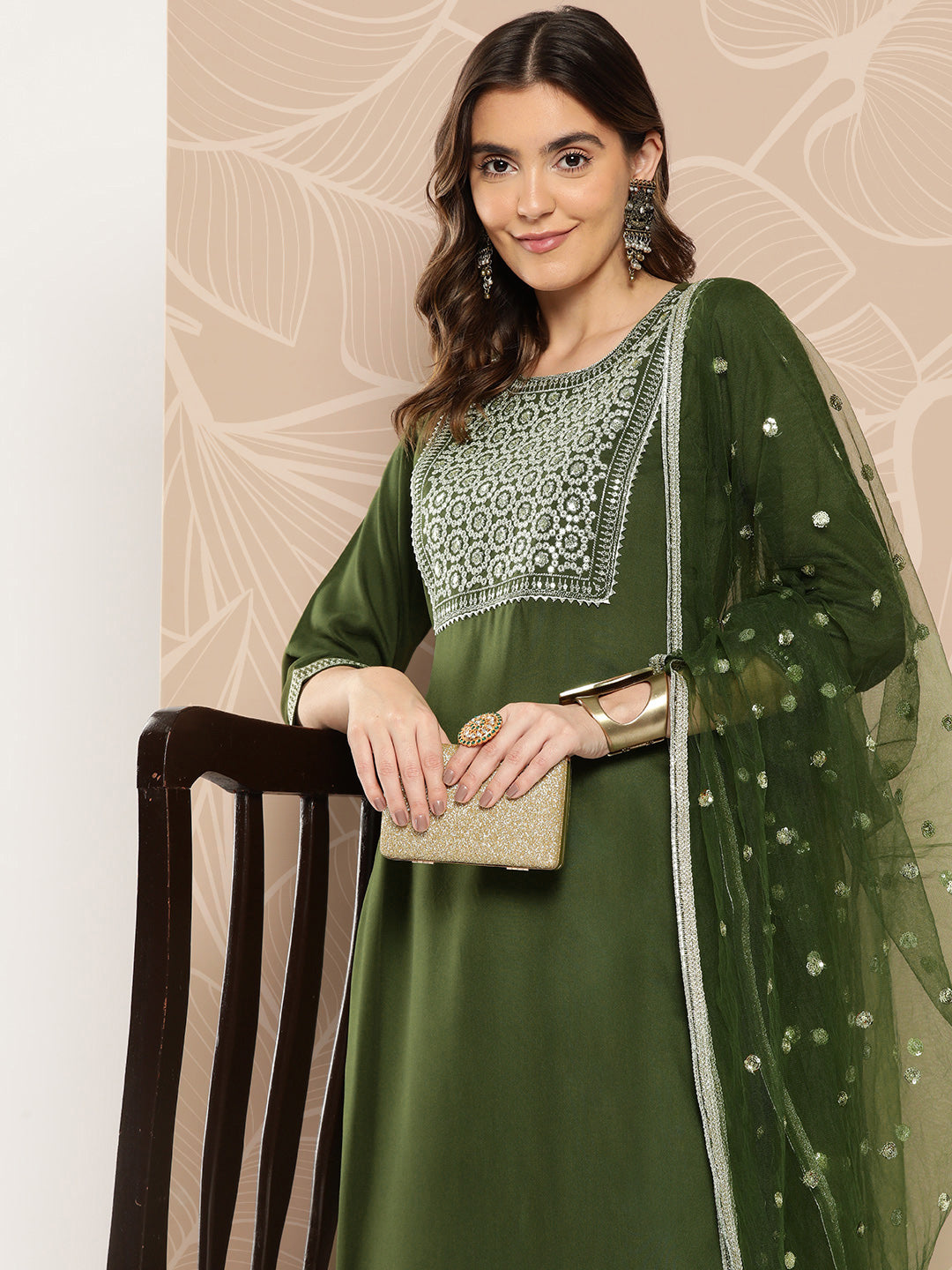 Green Embroidered Straight Kurta With Palazzo And Dupatta