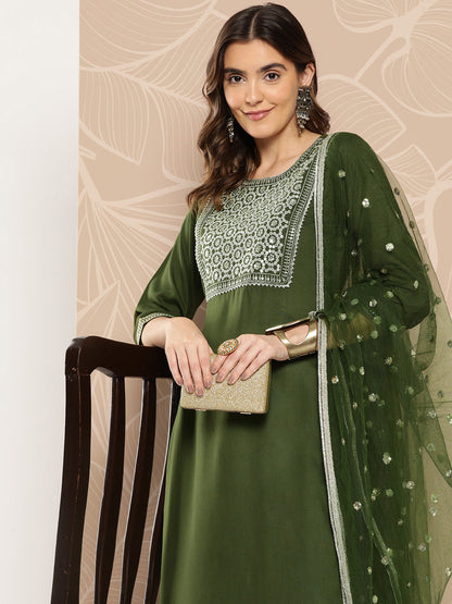 Green Embroidered Straight Kurta With Palazzo And Dupatta