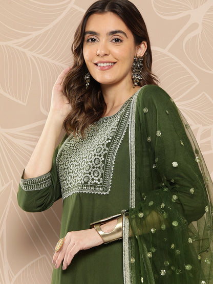 Green Embroidered Straight Kurta With Palazzo And Dupatta