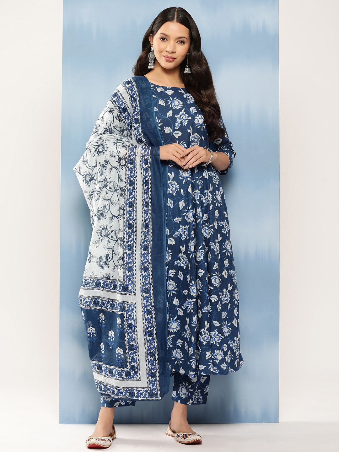 Blue Floral Printed Anarkali Kurta With Trouser And Dupatta