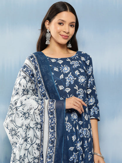 Blue Floral Printed Anarkali Kurta With Trouser And Dupatta