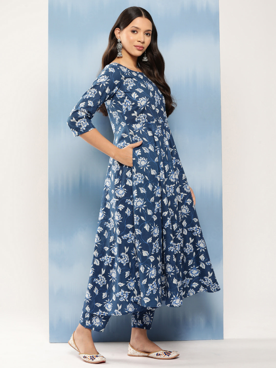 Blue Floral Printed Anarkali Kurta With Trouser And Dupatta