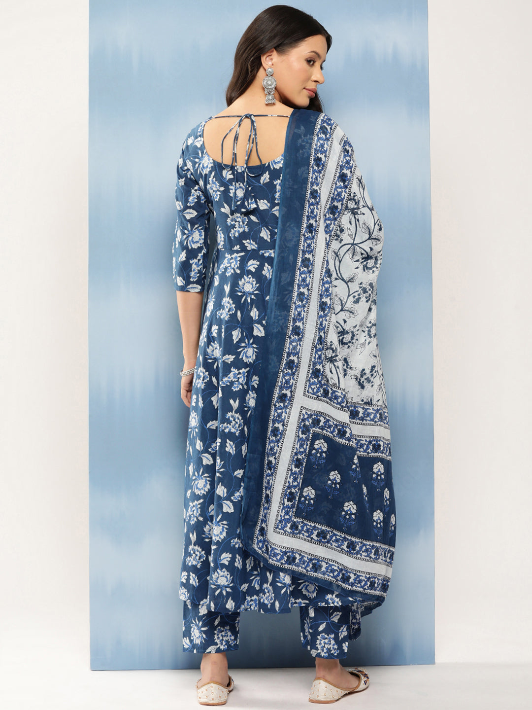 Blue Floral Printed Anarkali Kurta With Trouser And Dupatta