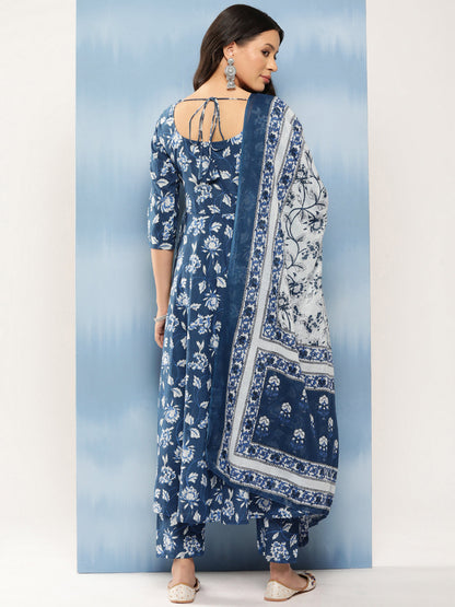 Blue Floral Printed Anarkali Kurta With Trouser And Dupatta
