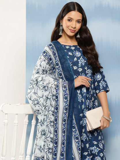 Blue Floral Printed Anarkali Kurta With Trouser And Dupatta
