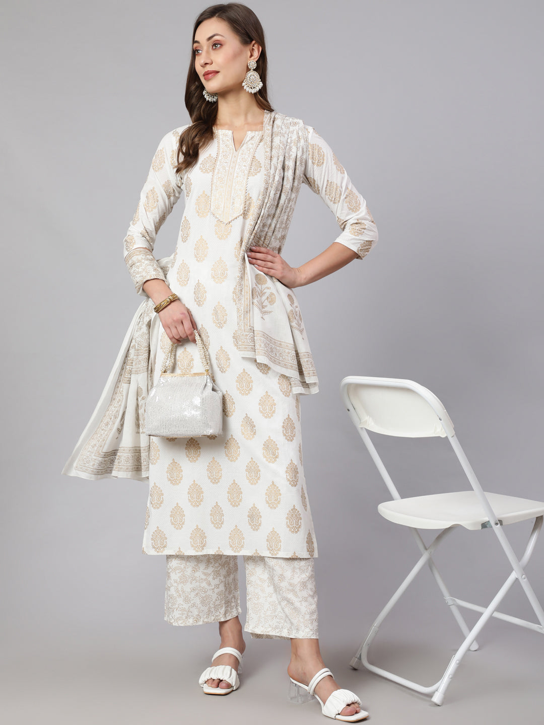 Off-White Ethnic Printed Kurta With Palazzo And Dupatta