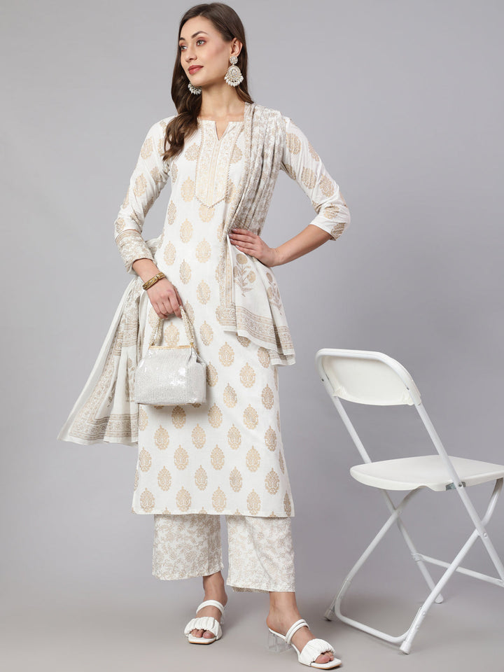 Off-White Ethnic Printed Kurta With Palazzo And Dupatta