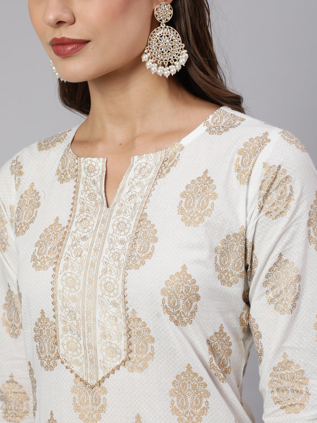 Off-White Ethnic Printed Kurta With Palazzo And Dupatta