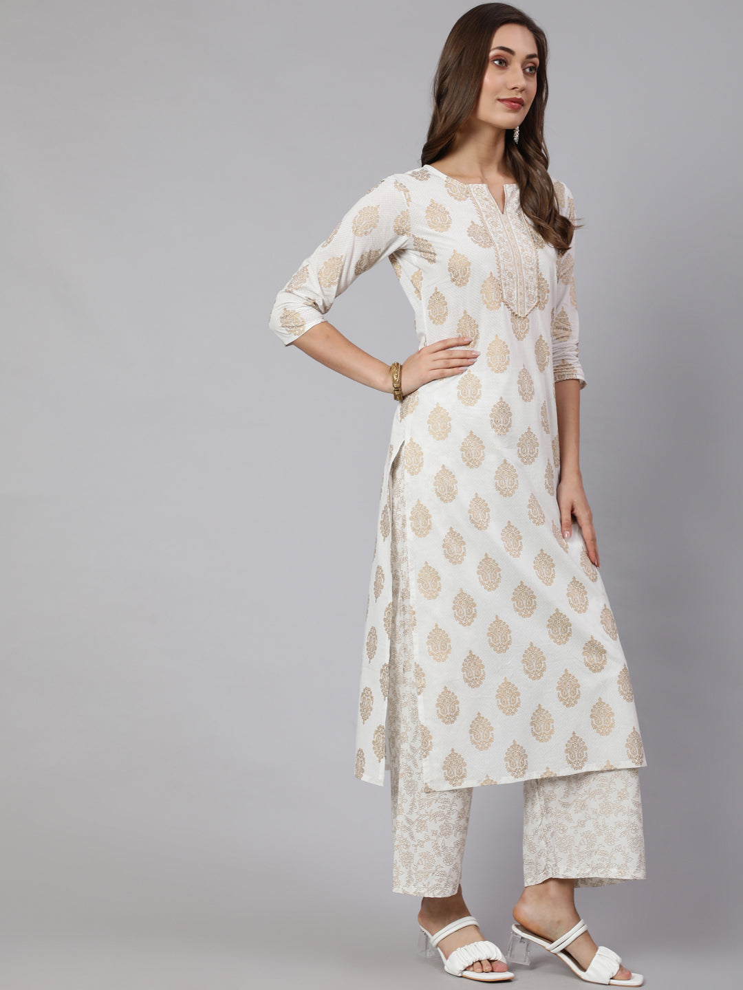 Off-White Ethnic Printed Kurta With Palazzo And Dupatta