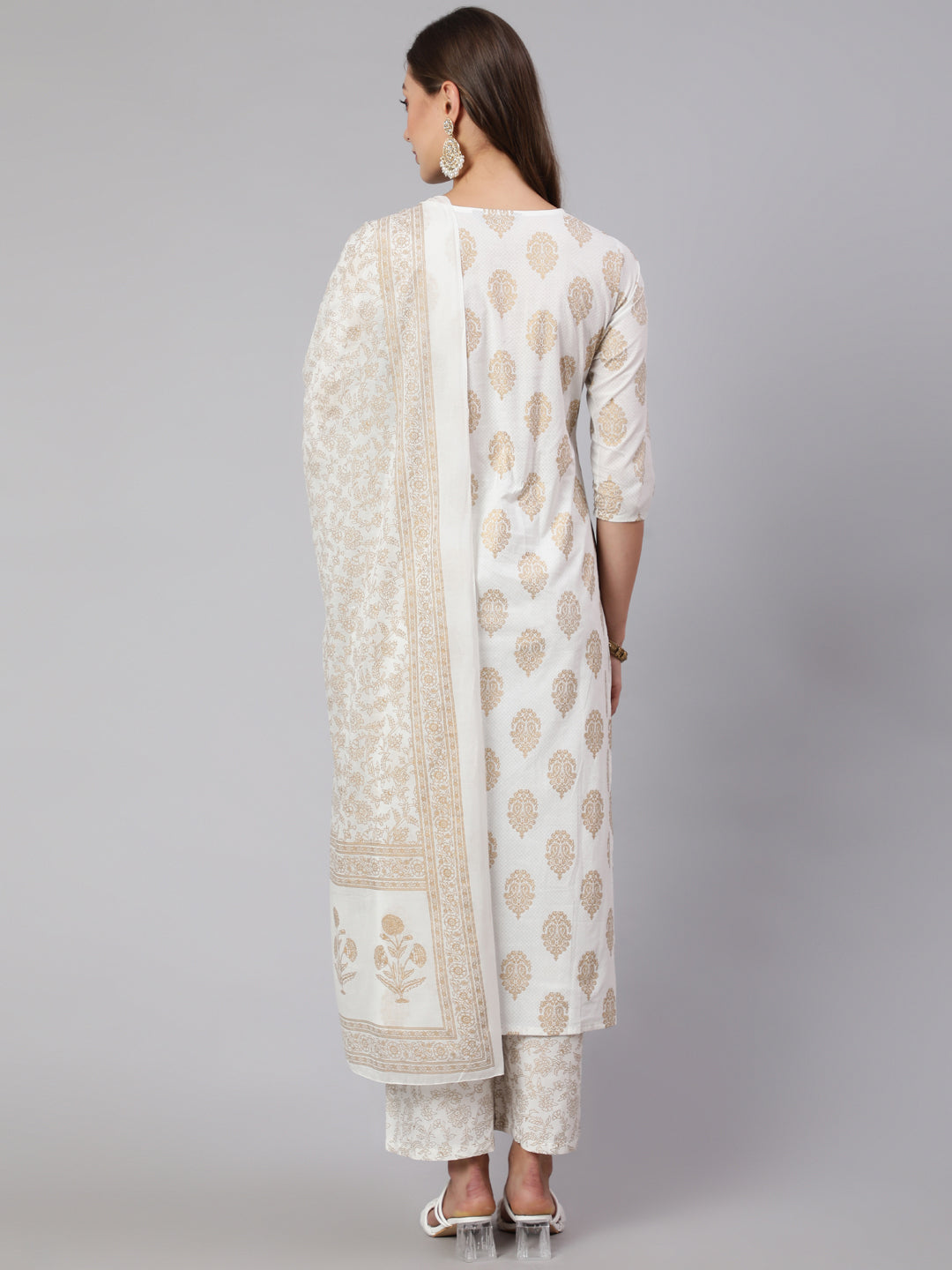 Off-White Ethnic Printed Kurta With Palazzo And Dupatta