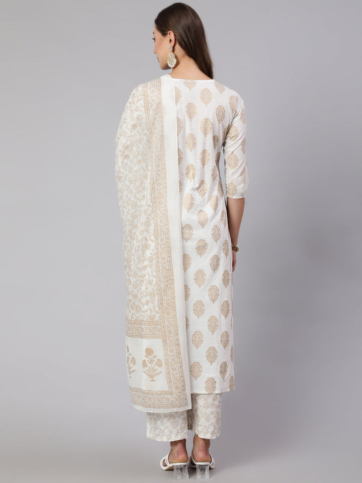 Off-White Ethnic Printed Kurta With Palazzo And Dupatta