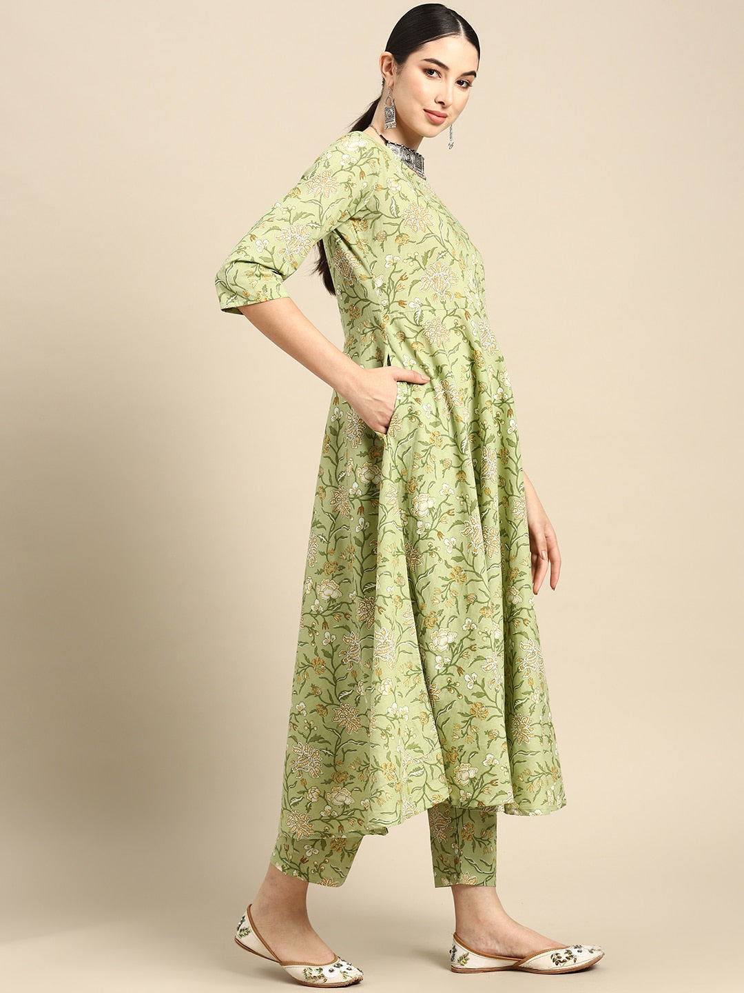 Green Floral Printed Anarkali Kurta With Trouser And Dupatta