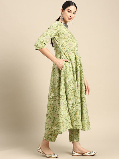 Green Floral Printed Anarkali Kurta With Trouser And Dupatta