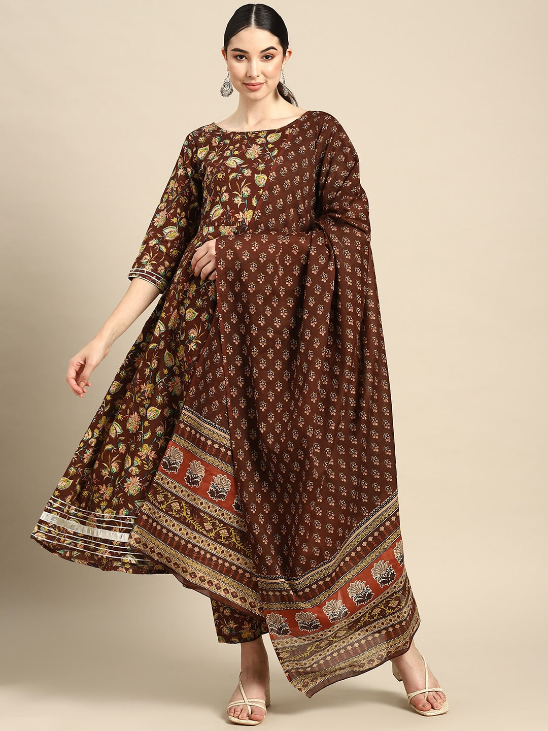 Brown Floral Printed Anarkali Kurta With Trouser And Dupatta