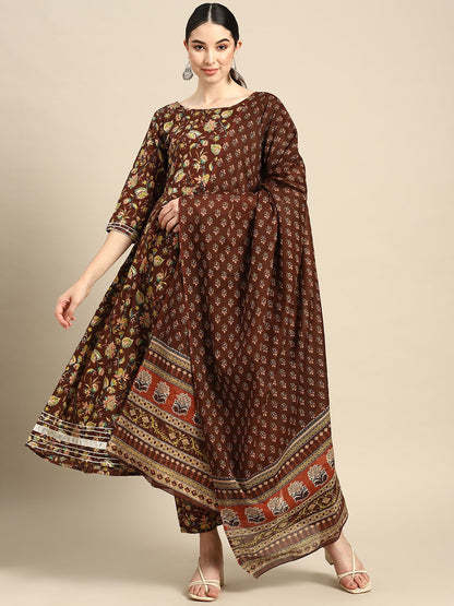 Brown Floral Printed Anarkali Kurta With Trouser And Dupatta