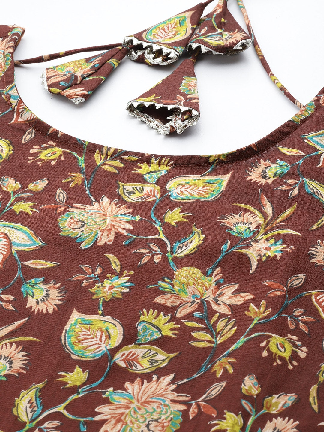 Brown Floral Printed Anarkali Kurta With Trouser And Dupatta