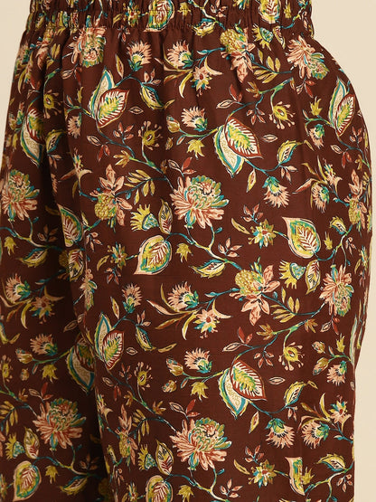 Brown Floral Printed Anarkali Kurta With Trouser And Dupatta