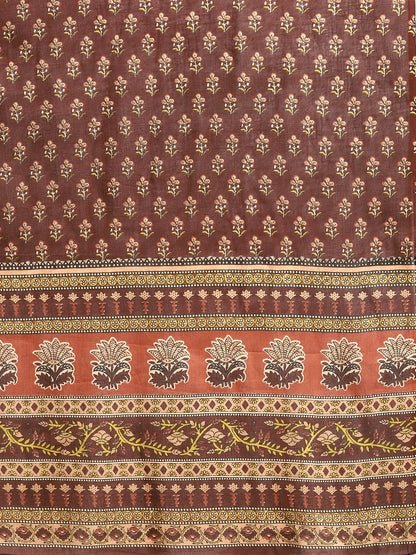 Brown Floral Printed Anarkali Kurta With Trouser And Dupatta
