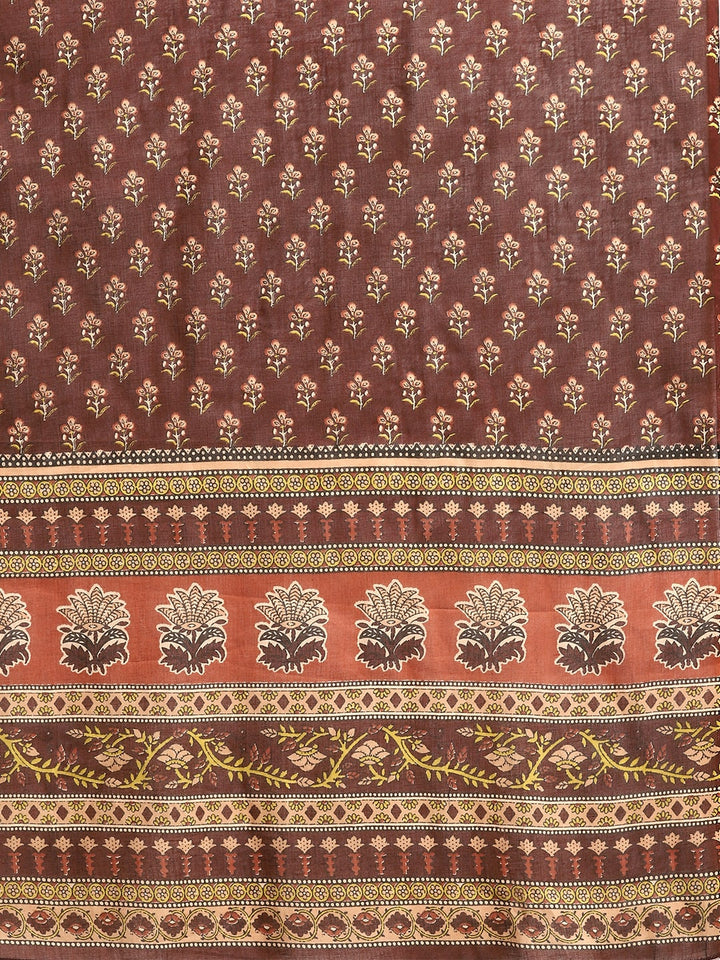 Brown Floral Printed Anarkali Kurta With Trouser And Dupatta