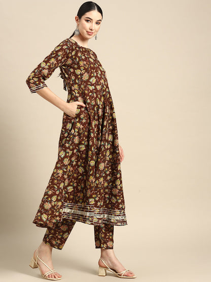 Brown Floral Printed Anarkali Kurta With Trouser And Dupatta