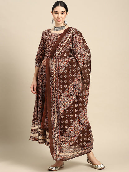 Brown Floral Printed Anarkali Kurta With Trouser And Dupatta
