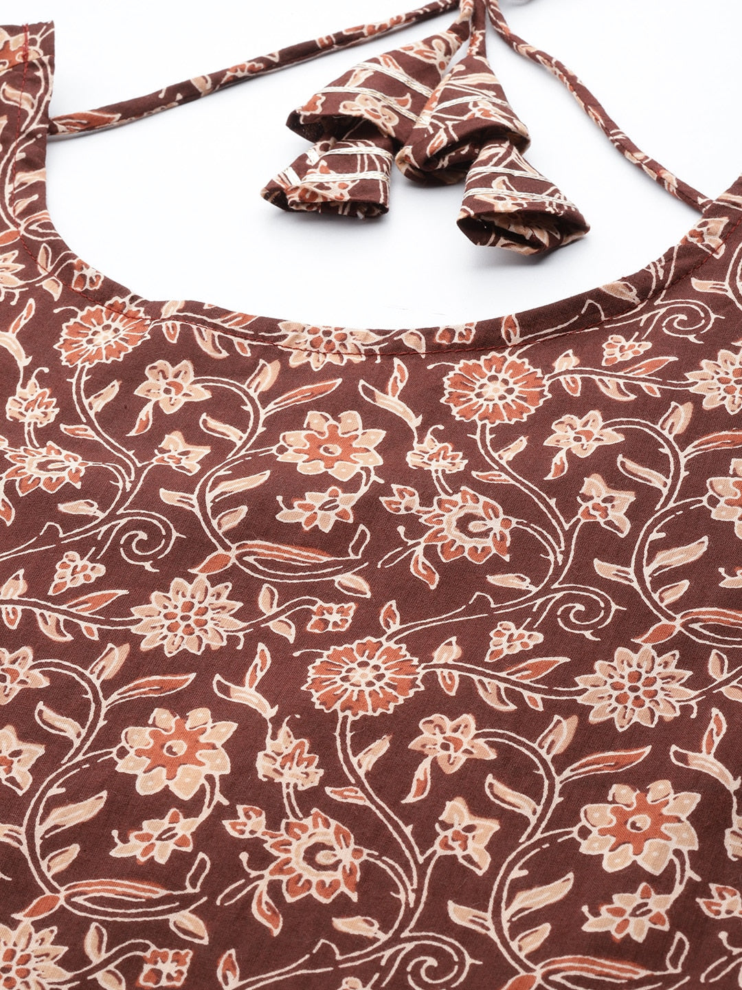 Brown Floral Printed Anarkali Kurta With Trouser And Dupatta