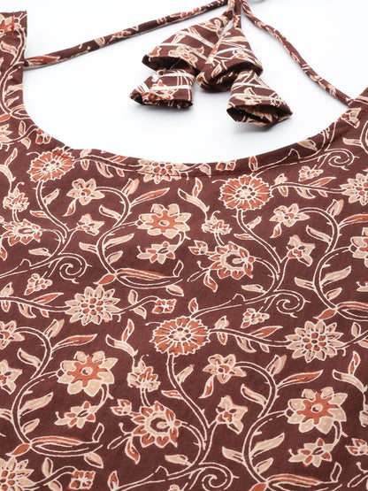 Brown Floral Printed Anarkali Kurta With Trouser And Dupatta
