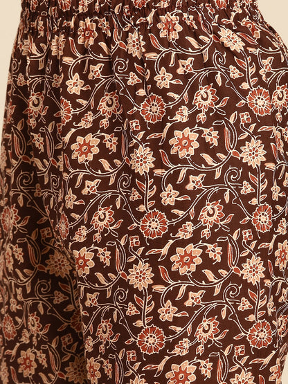 Brown Floral Printed Anarkali Kurta With Trouser And Dupatta
