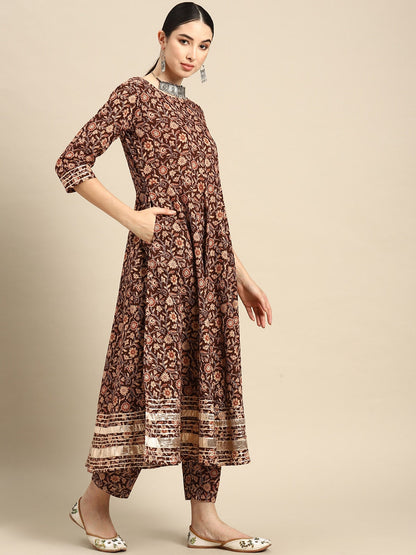 Brown Floral Printed Anarkali Kurta With Trouser And Dupatta