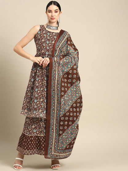 Brown Floral Printed Anarkali Kurta With Sharara And Dupatta