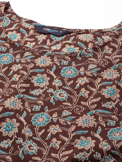 Brown Floral Printed Anarkali Kurta With Sharara And Dupatta