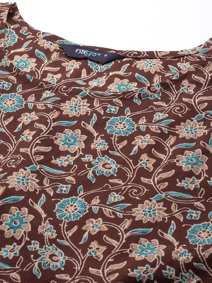 Brown Floral Printed Anarkali Kurta With Sharara And Dupatta