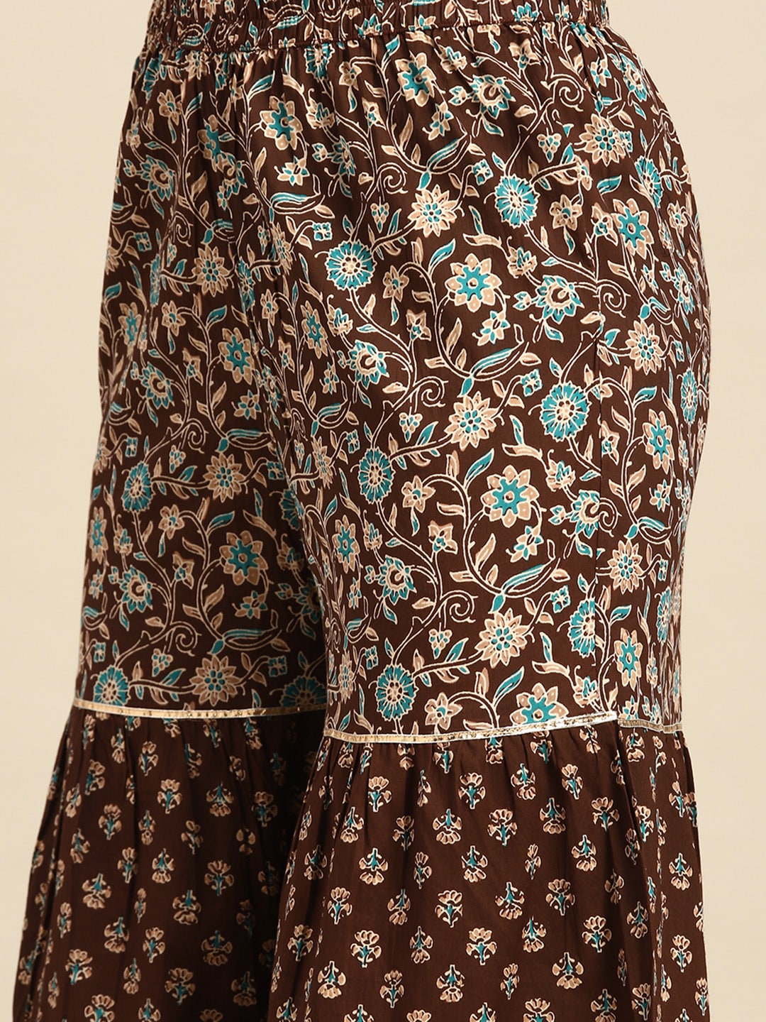 Brown Floral Printed Anarkali Kurta With Sharara And Dupatta